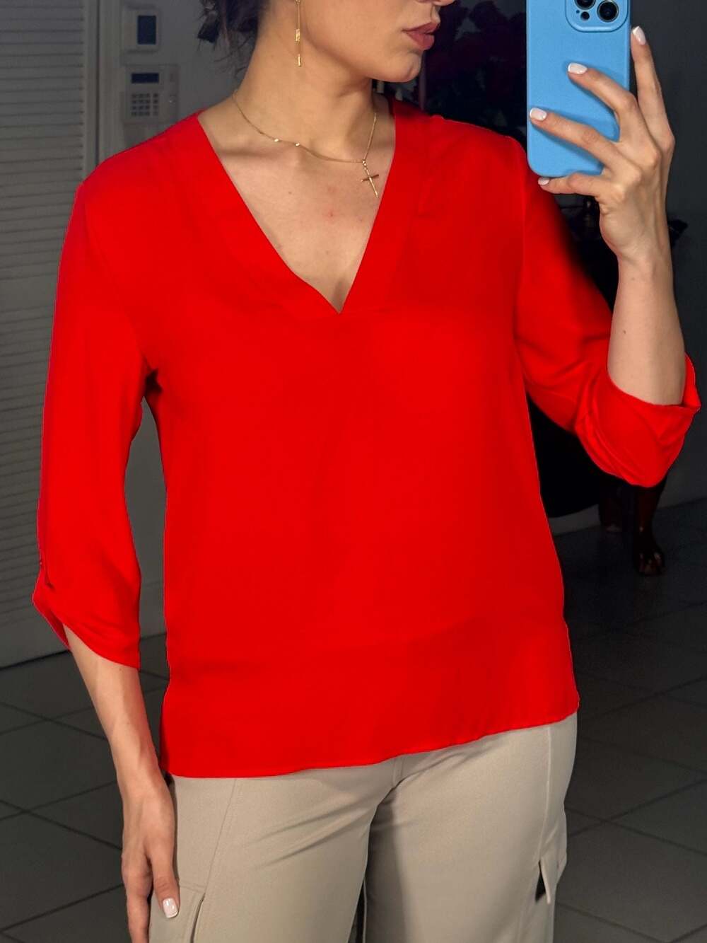 Express Red V-Neck 3/4 Sleeve Popover Blouse Top S/P NwT